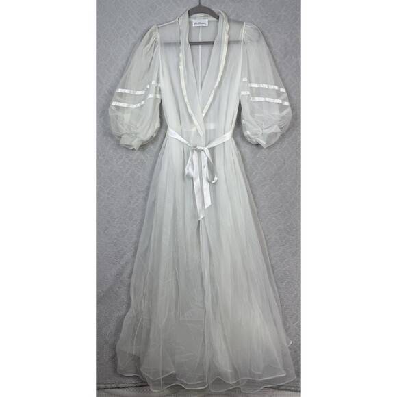 Miss Elaine Other - Vtg Miss Elaine Sheer Robe S/M White Belt Peignoir Puff Sleeve Bridal Retro 50s